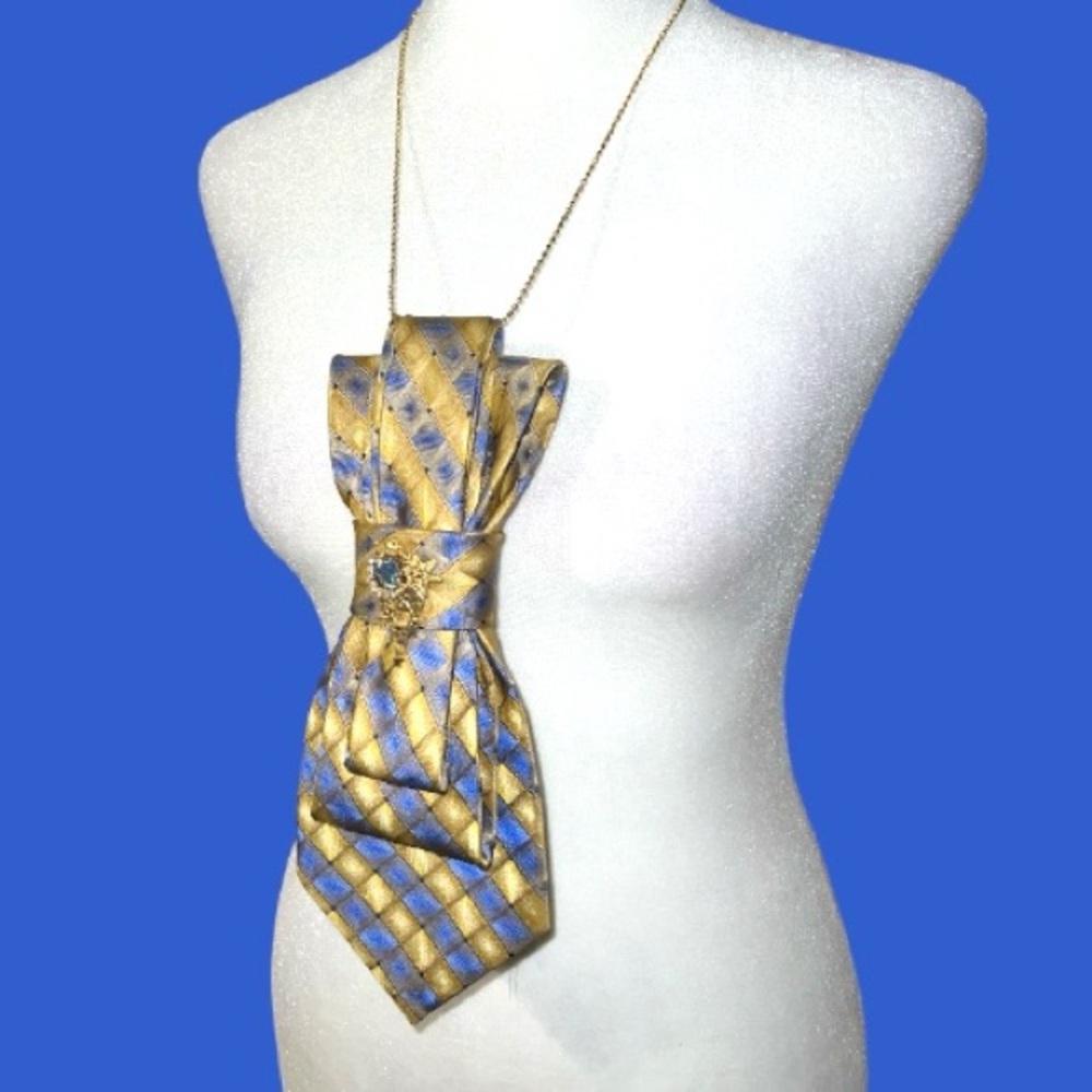 “Dainty Dapper”Gold and Blue Striped Tie with Brooch